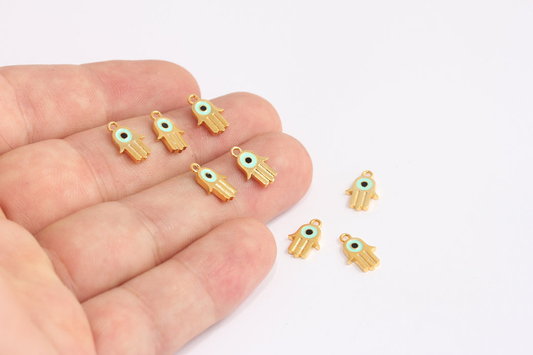 8x12mm 24 ayar Parlak Altın Hamsa Charm, Turkuaz Mine Fatima Eli, KDR126-1