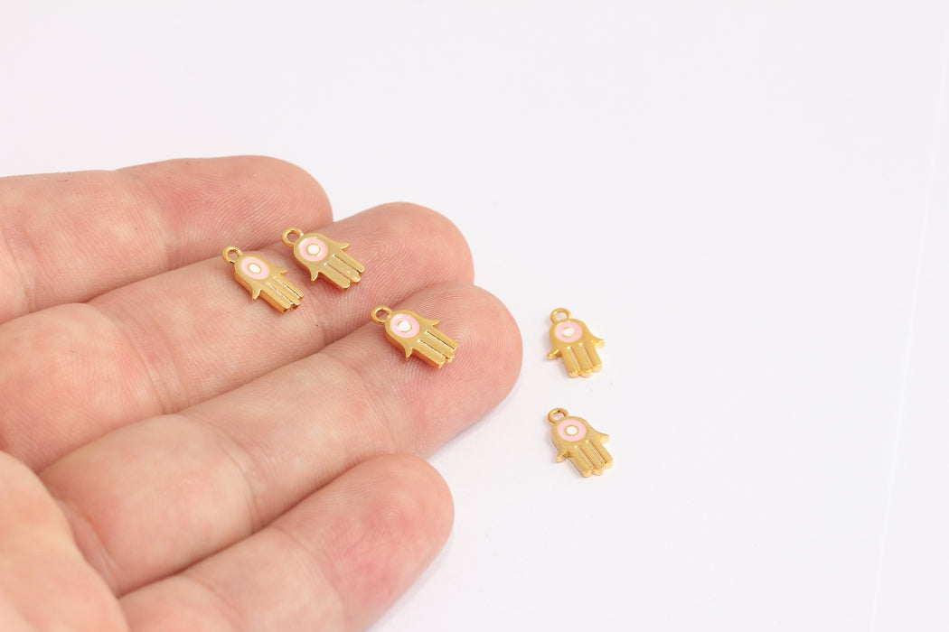 8x12mm 24 ayar Parlak Altın Hamsa Charm, Pembe Mine Fatima Eli, KDR126-2