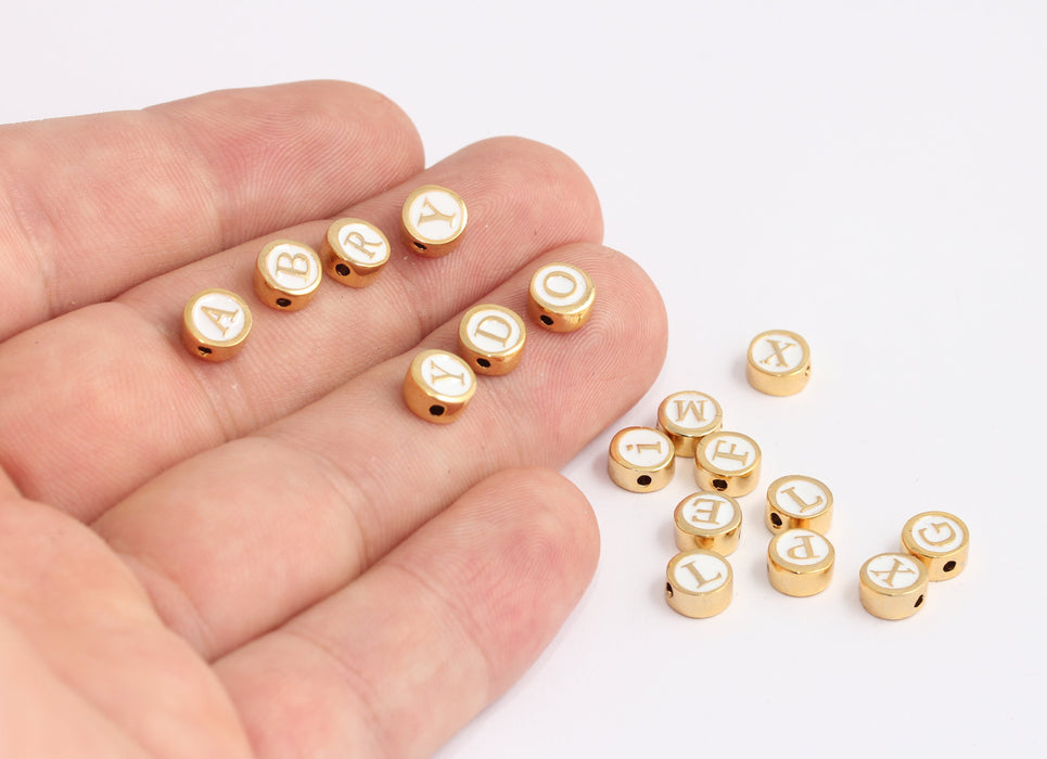 6,5mm 24k Shiny Gold Letter Charms, White Enamel Letter Sliding Beads, HRF19