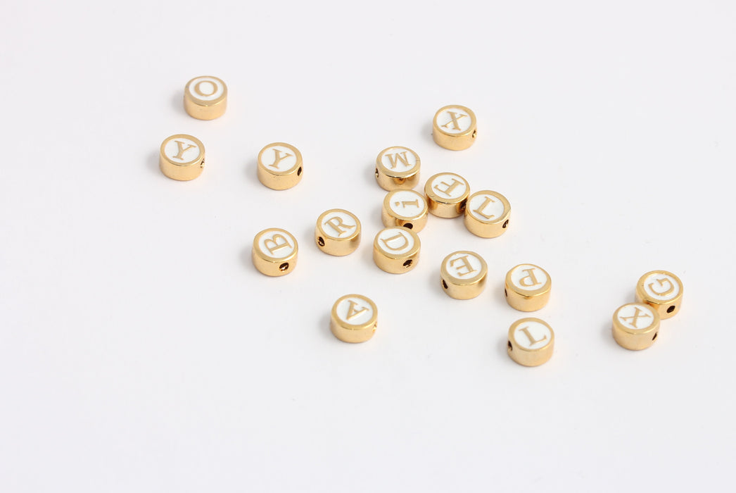 6,5mm 24k Shiny Gold Letter Charms, White Enamel Letter Sliding Beads, HRF19