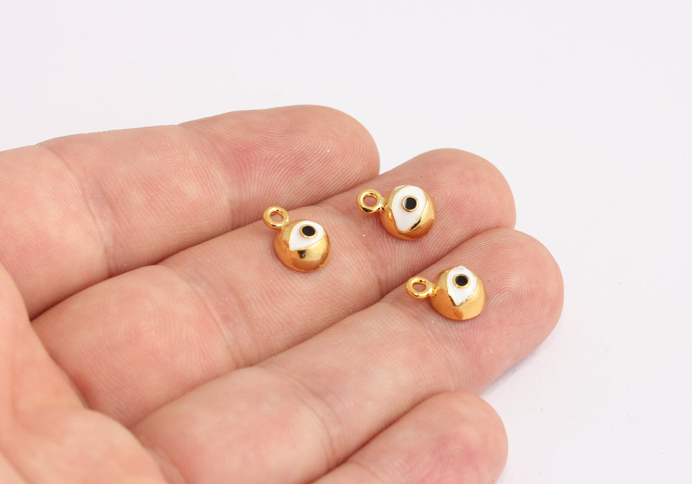 8x11mm 24k Shiny Gold Eye Beads, White Enamel Eye Drop Charms, KDR116-2