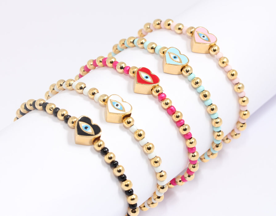 24k Shiny Gold Evil Eye Bracelet, Colorful Elastic Ball Bracelet, BLK7-10