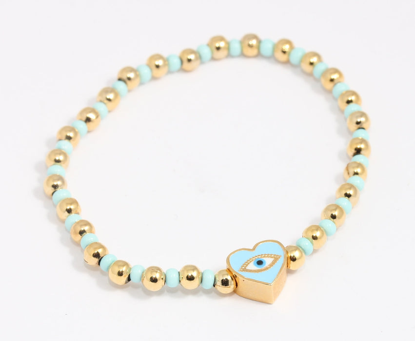 24k Shiny Gold Evil Eye Bracelet, Colorful Elastic Ball Bracelet, BLK7-10
