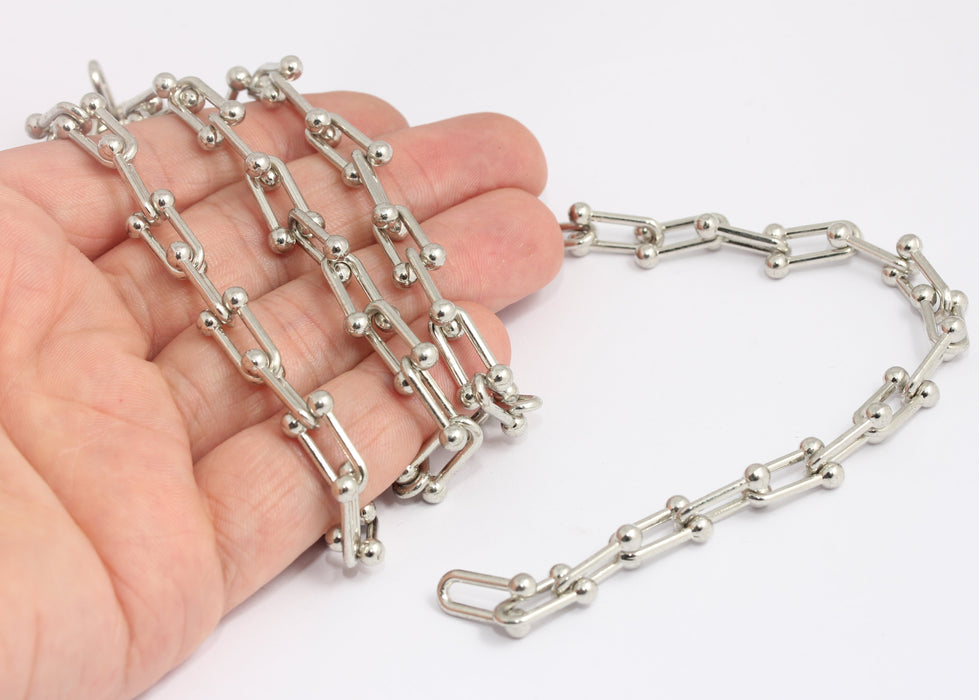 Rhodium Plated U Link Chain, Silver Chunky Horse Shoe Chain, CHK698-1