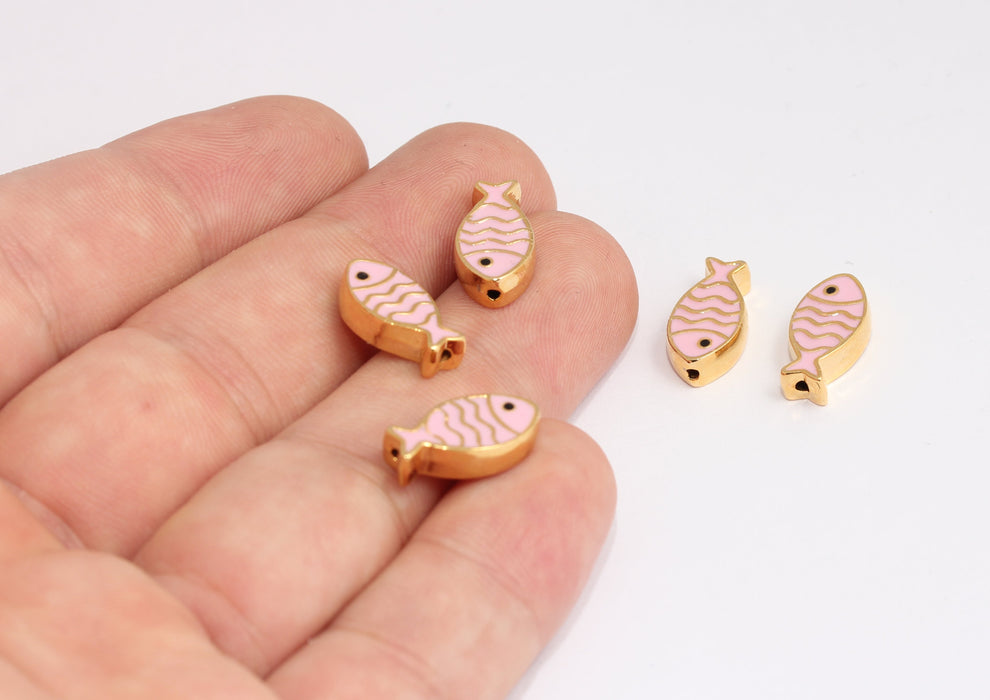 Ciondoli a forma di pesce in oro lucido 24k, 9x16 mm, perline a forma di pesce in smalto rosa, MLS194-1