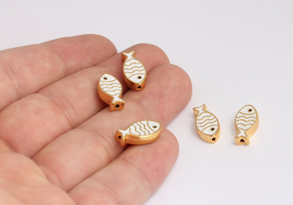 9x16mm 24k Shiny Gold Fish Charms, White Enamel Fish Beads, MLS194-3