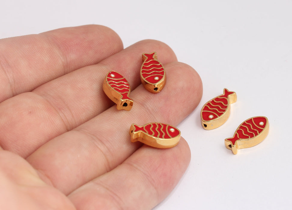 Ciondoli a forma di pesce in oro lucido 24k, 9x16 mm, perline a forma di pesce in smalto rosso, MLS194-4