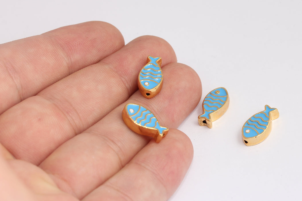 9x16mm 24k Shiny Gold Fish Charms, Blue Enamel Fish Beads, MLS194-5