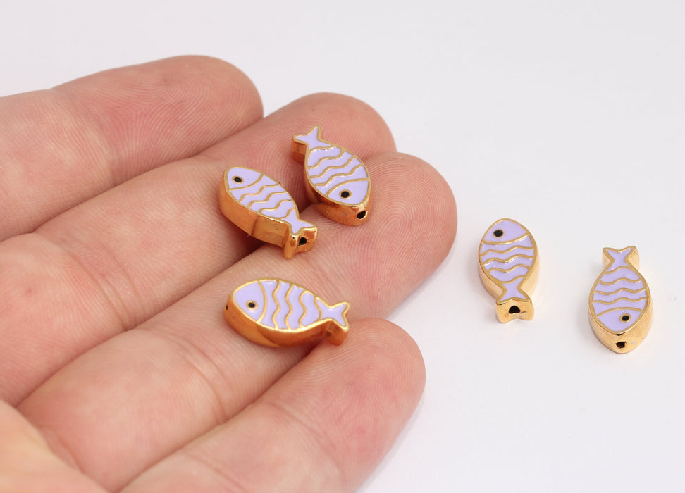 9x16mm 24k Shiny Gold Fish Charms, Purple Enamel Fish Beads, MLS194-6