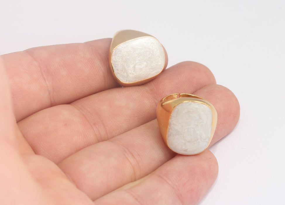 17-18mm 24k Shiny Gold Square Rings, White Pearl Enamel Ring, MLS192-1