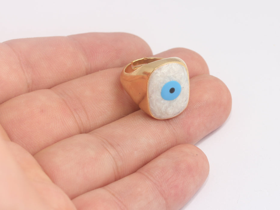 17-18mm 24k Shiny Gold Rings, White Enamel Evil Eye Rings, MLS192-2