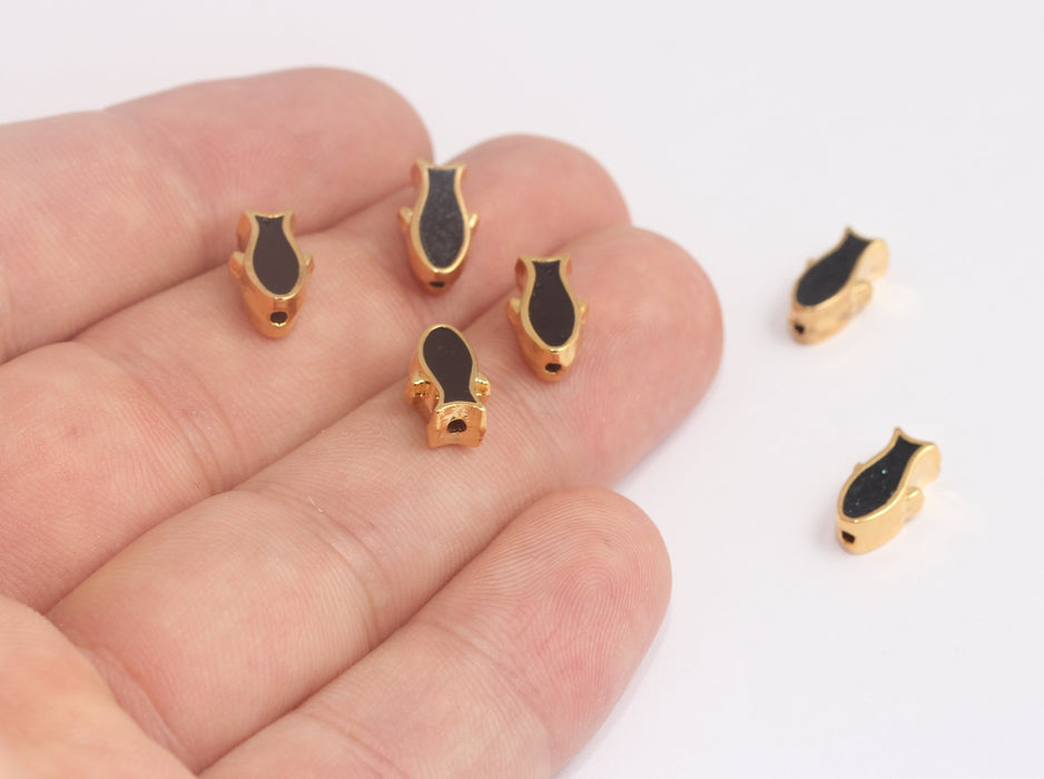 7x12 mm 24 Ayar Parlak Altın Balık Boncukları, Siyah Emaye Balık Boncukları, MLS375-3
