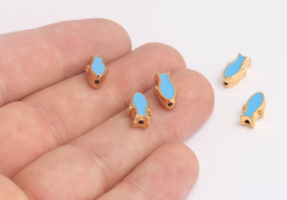 Ciondoli a forma di pesce in oro lucido 24k, 7x12 mm, perline a forma di pesce in smalto blu, MLS375-4