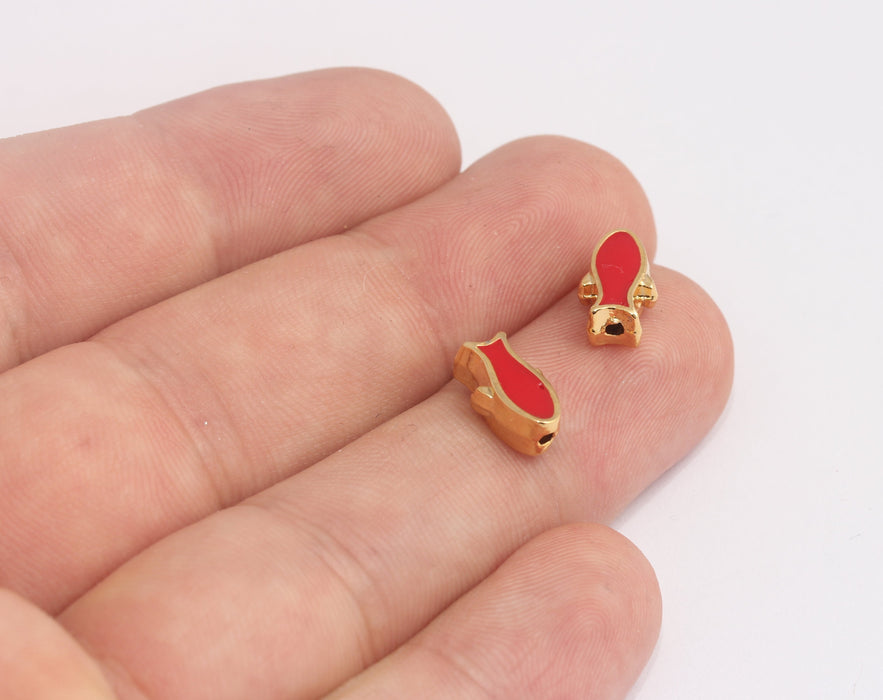 7x12mm 24 Ayar Parlak Altın Balık Boncukları, Kırmızı Emaye Balık Boncukları, MLS375-5