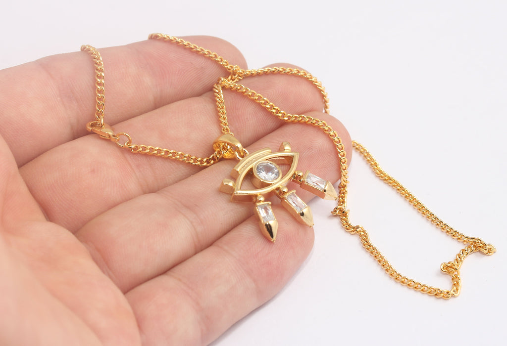 17'' 24k Shiny Gold Eye Necklace, CZ White Stone Eye Necklace, MLS462-1