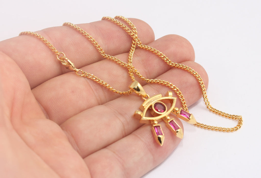 17'' 24k Shiny Gold Eye Necklace, CZ Purple Stone Eye Necklace, MLS462-4