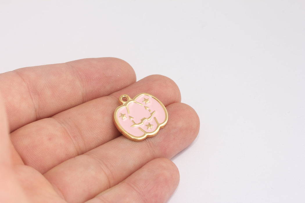 21 mm 24 Ayar Parlak Altın Balkabağı Tılsımı, Pembe Emaye Balkabağı Tılsımı, MLS393-4