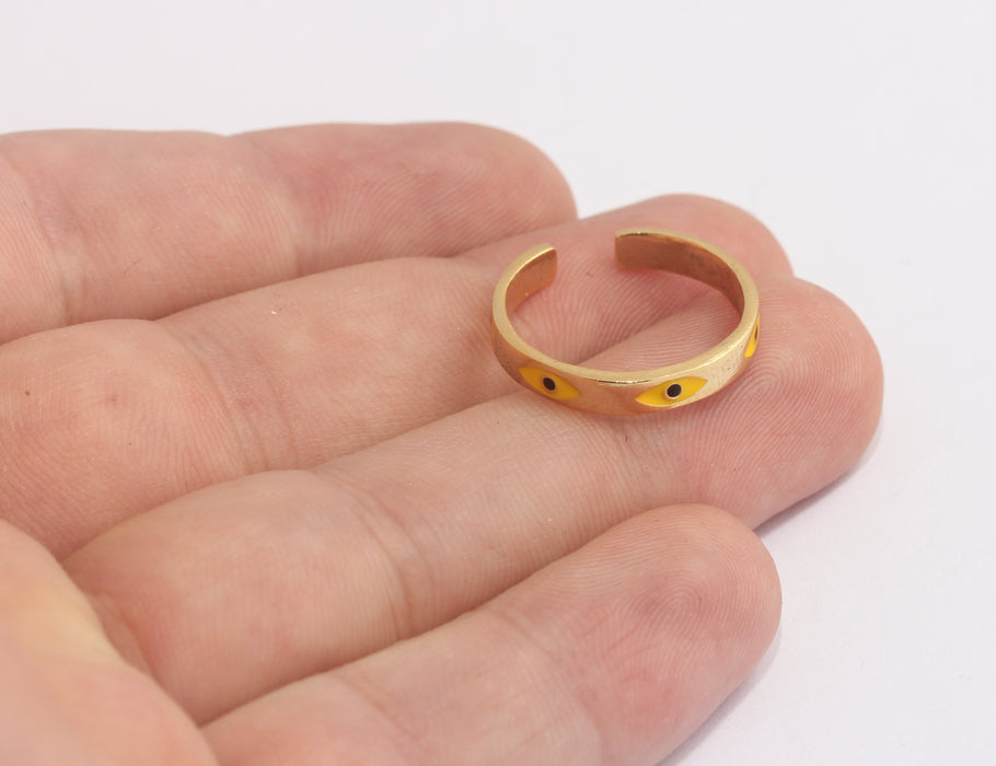 17-18mm 24k Shiny Gold Evil Eye Rings, Yellow Enamel Evil Eye, MLS111-1