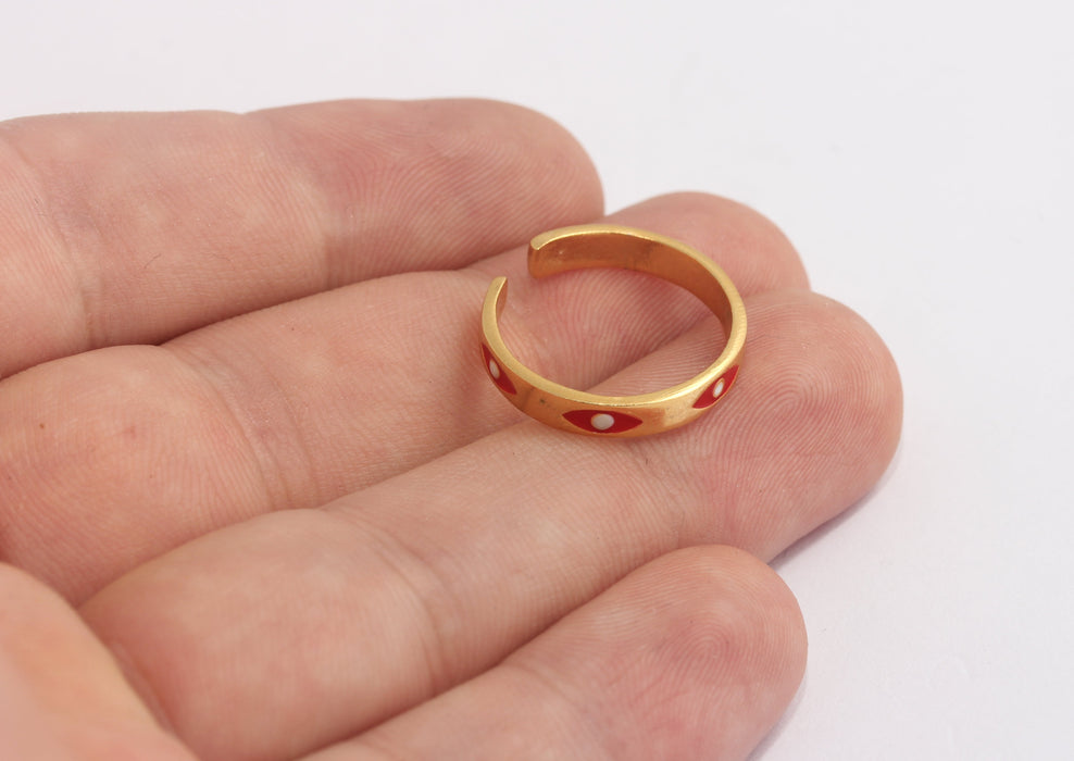 17-18mm 24k Shiny Gold Evil Eye Rings, Red Enamel Evil Eye, MLS111-2