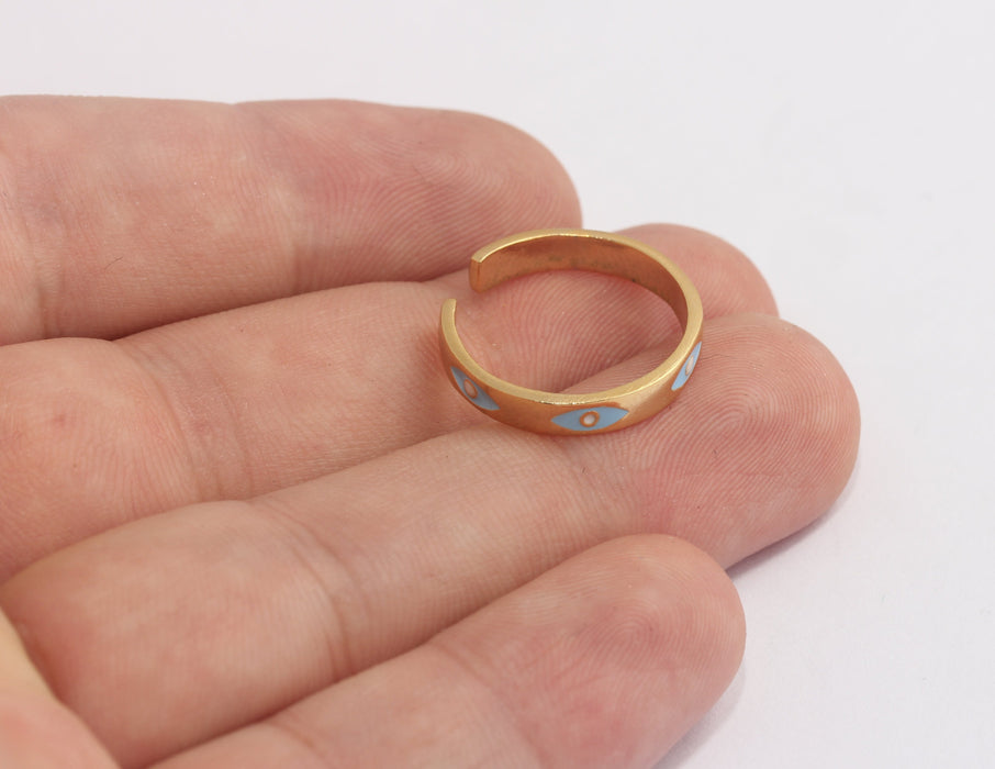 17-18mm 24k Shiny Gold Evil Eye Rings, Blue Enamel Evil Eye, MLS111-3