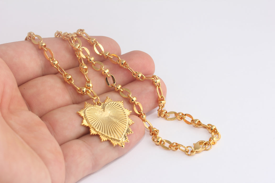 18'' 30mm 24k Shiny Gold Heart Necklace, Heart Pendant, Heart Medallion, Heart Charm, Love Necklace, Gold Heart Pendant, XP552-2