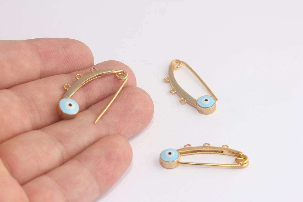 14x35mm 24k Shiny Gold Evil Eye Safety ,Turquoise Aqua Evil Eye Baby Protection, Cute Evil Eye Baby Clothing Pin, MLS562