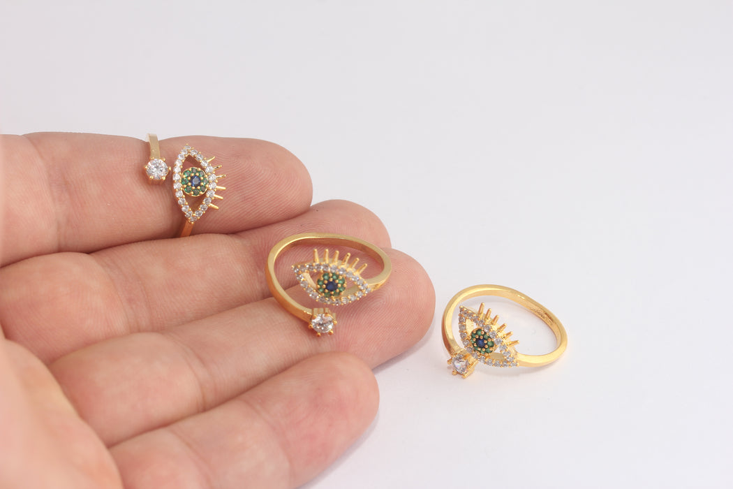 17-18mm 24k Shiny Gold Eye Ring, Micro Pave White and Green Stone Rings, Adjustable Dainty Ring, CZ Evil Eye Ring, Gold Plated, MLS609