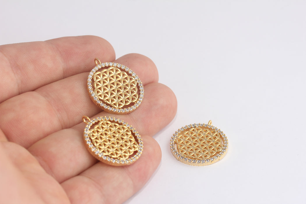 22x26 mm 24 Ayar Parlak Altın Madalyon, Mikro Taşlı Çiçek Madalyonu, CZ Çerçeve Takılar, CZ Altın Çiçek Kolye, Altın Kaplama Bulgular, MLS749