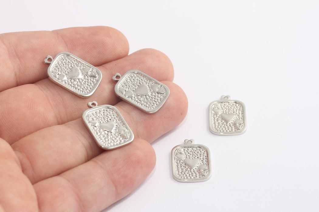 14x23 mm, ciondolo a forma di carta da gioco placcata in rodio, ciondolo a forma di poker, ciondolo a forma di casinò, ciondolo a forma di asso di cuori, ciondolo a forma di carte da poker, ciondolo a forma di gioco d'azzardo, MLS687-2