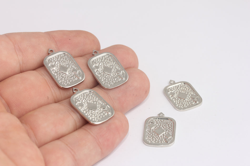 Carte da gioco placcate in rodio da 14x23 mm, ciondoli da poker, ciondoli da casinò, ciondolo con asso di fiori, ciondolo con carte da poker, ciondolo da gioco d'azzardo, MLS712-2