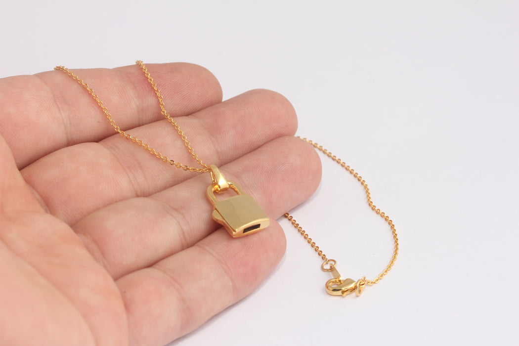 17'' 24k Shiny Gold Padlock Necklace, Ready Necklace, Padlock With Key, Love Lock, Gold Lock Necklace, Gold Padlock Pendant, BXB412-1