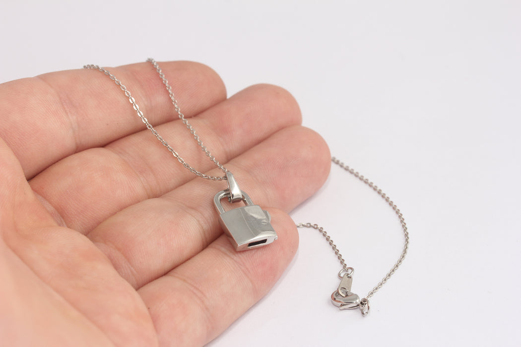 17'' Rhoidum Plated Padlock Necklace, Ready Necklace, Padlock With Key, Love Lock, Silver Lock Necklace, Rhodium Padlock, BXB412-2