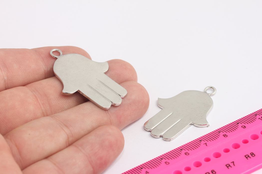 Ciondoli Hamsa placcati in rodio da 30x43 mm, ciondolo Hamsa, braccialetto Hamsa, ciondoli a forma di mano di Fatima, ciondoli, accessori placcati in argento, MLS1029