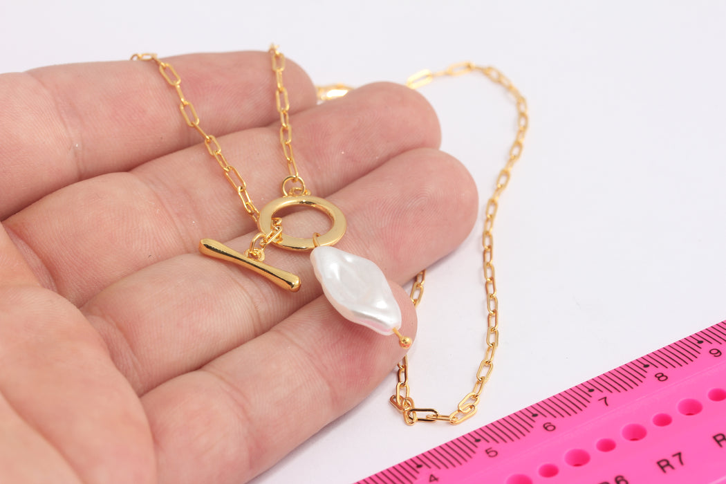 18'' 24k Shiny Gold Pearl Necklace, T Bar Necklace, Toggle Bar Necklace, Dainty Gold Gecklace, Layering Necklace, Pearl Jewelry, MLS1055