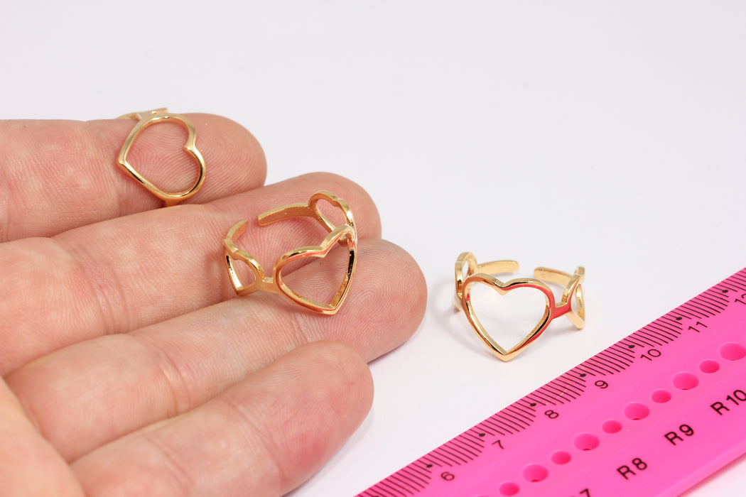 17x18mm 24k Shiny Gold Heart Ring , Adjustable Heart Ring , Heart Jewelry Ring, MLS1110