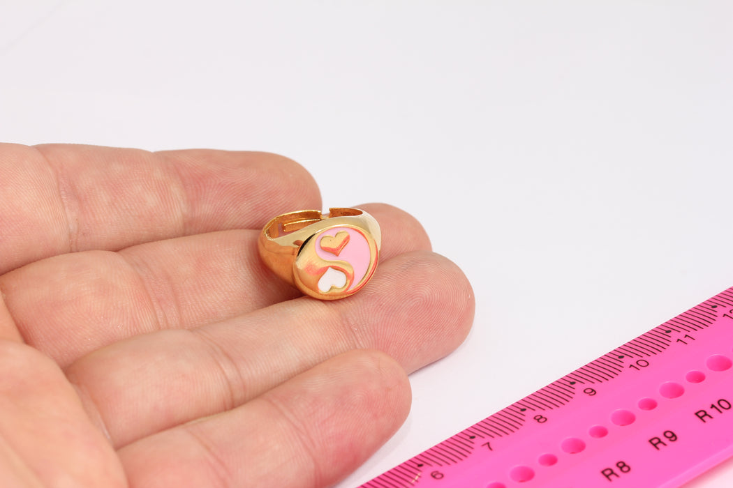 16-17mm 24k Shiny Gold Heart Ring, Enamel Yin Yang Rings, Round Statement Rings, Heart Rings, Women's Rings, Gold Plated Rings, SLM56-1
