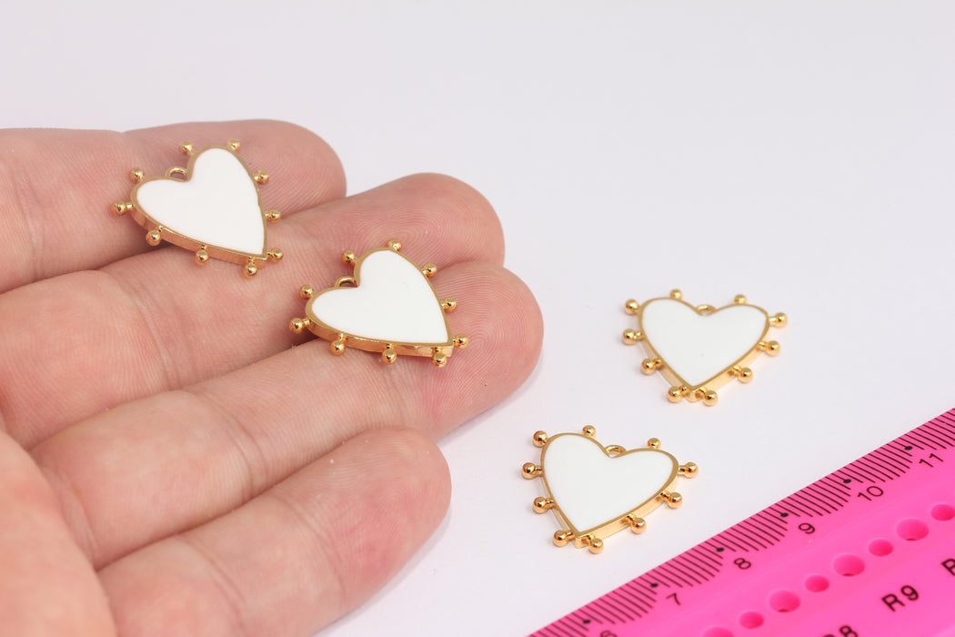 21mm 24k Shiny Gold Heart Charms, Love Necklace, White Enamel Heart Medallion, Heart Pendant, Gold Findings, SLM189-2