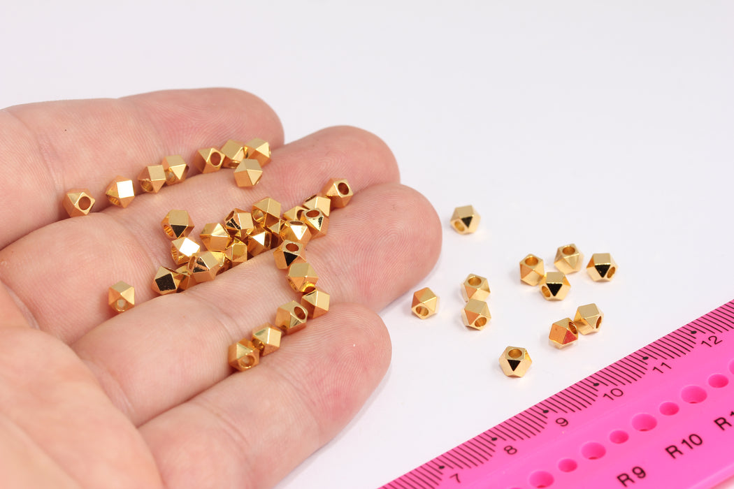 Perline sfaccettate in oro lucido 24k da 4 mm, perline in oro con diamanti, perline per braccialetti a cubo, perline distanziatrici in oro, accessori placcati in oro, FRB163
