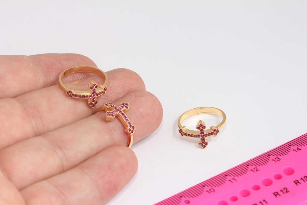 17mm 24k Shiny Gold Plated Cross Ring, CZ Micro Pave Cross Rings, Ruby Cross Rings, Dainty Ring, Gold Plated Rings, FRB154