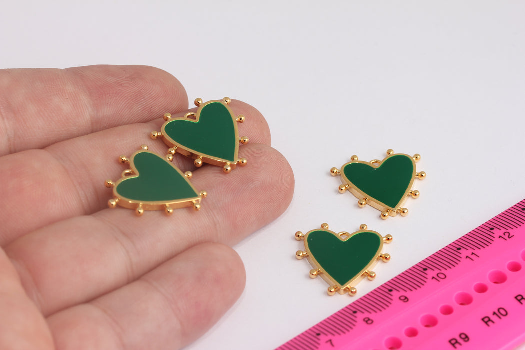 21mm 24k Shiny Gold Heart Charms, Love Necklace, Green Enamel Heart Medallion, Heart Pendant, Gold Findings, MTE778-1