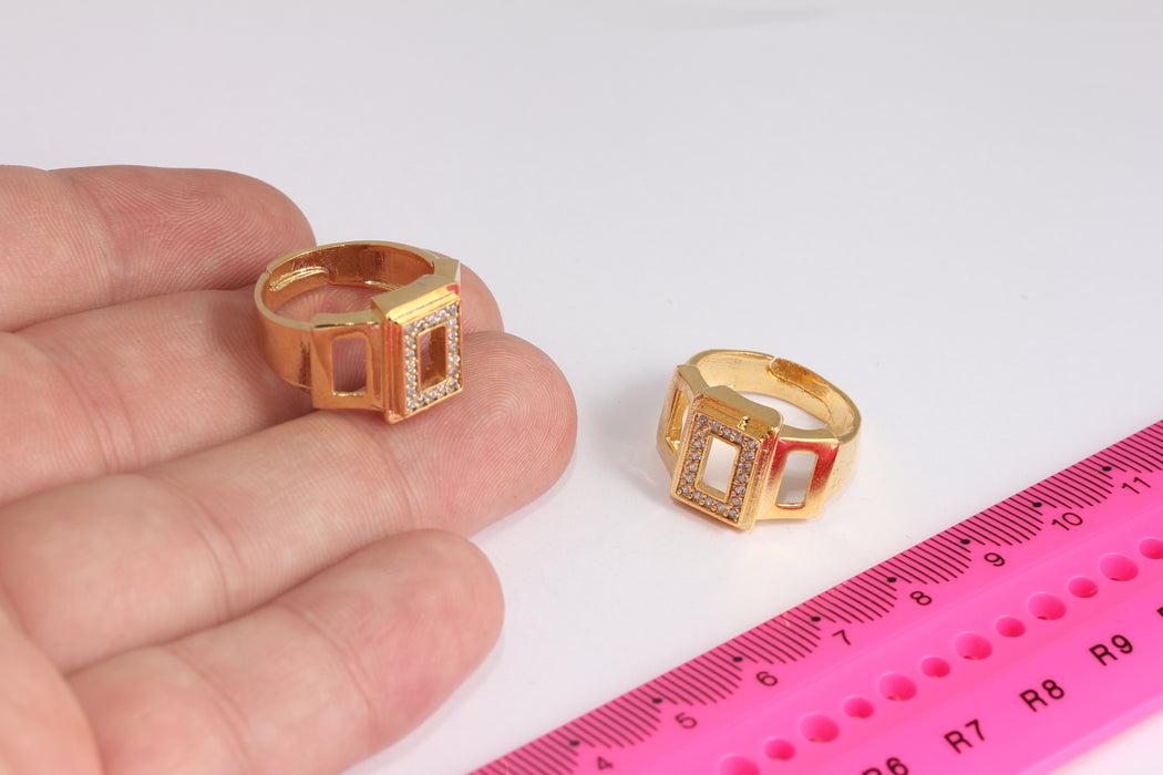 17x18mm 24k Shiny Gold Square Rings, Micro Pave Square Ring, White Stone Rings, CZ Square Rings, Gold Plated Adjustable Rings ZRCN409