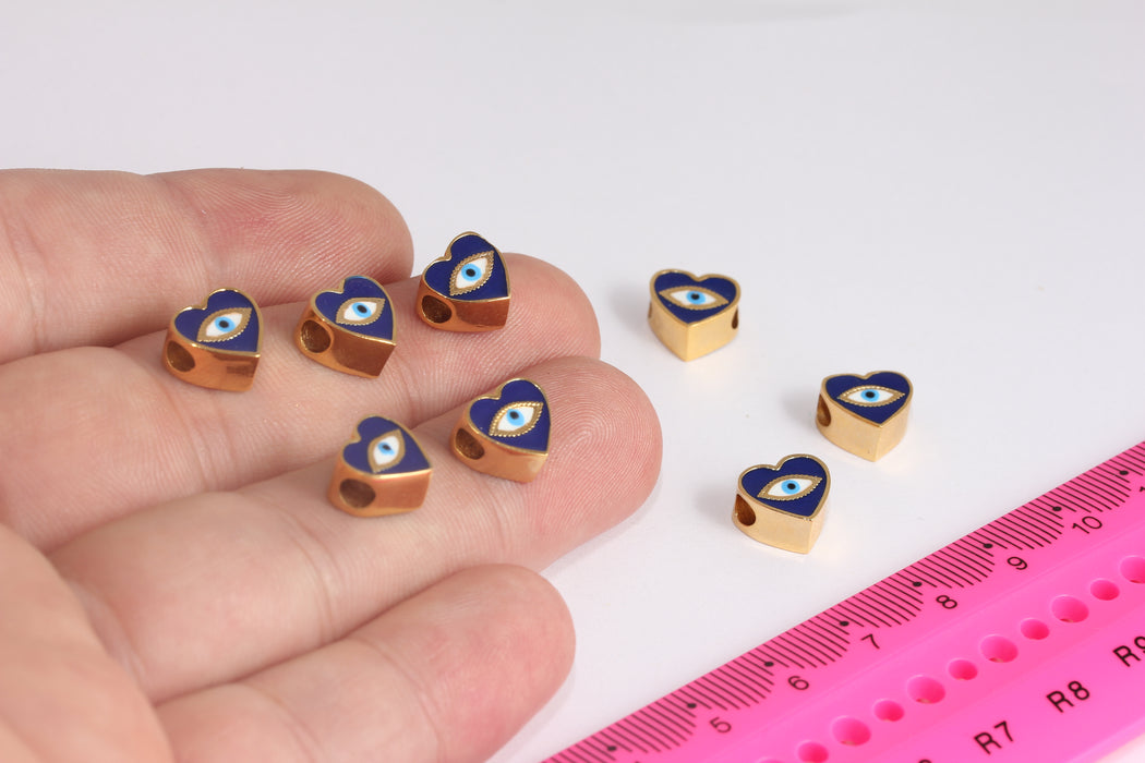 5x9mm 24k Shiny Gold Evil Eye Heart, Blue Enamel Heart Beads, Evil Eye Beads, Sliding Bracelet Beads, Gold Plated Findings, ZRCN418