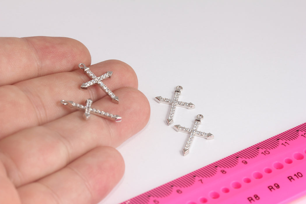 16x22mm Rhodium Plated CZ Cross, Micro Pave Cross Pendant, Cross Charms, Zircon Cross Charms, Cubic Zirconia Cross, Silver Cross, ZRCN422