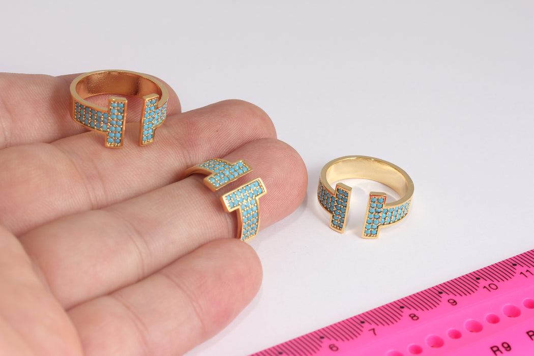 17mm 24k Shiny Gold T Ring, CZ Micro Pave T Rings, Turquoise T Rings, Dainty Ring, Gold Plated Rings, ZRCN425
