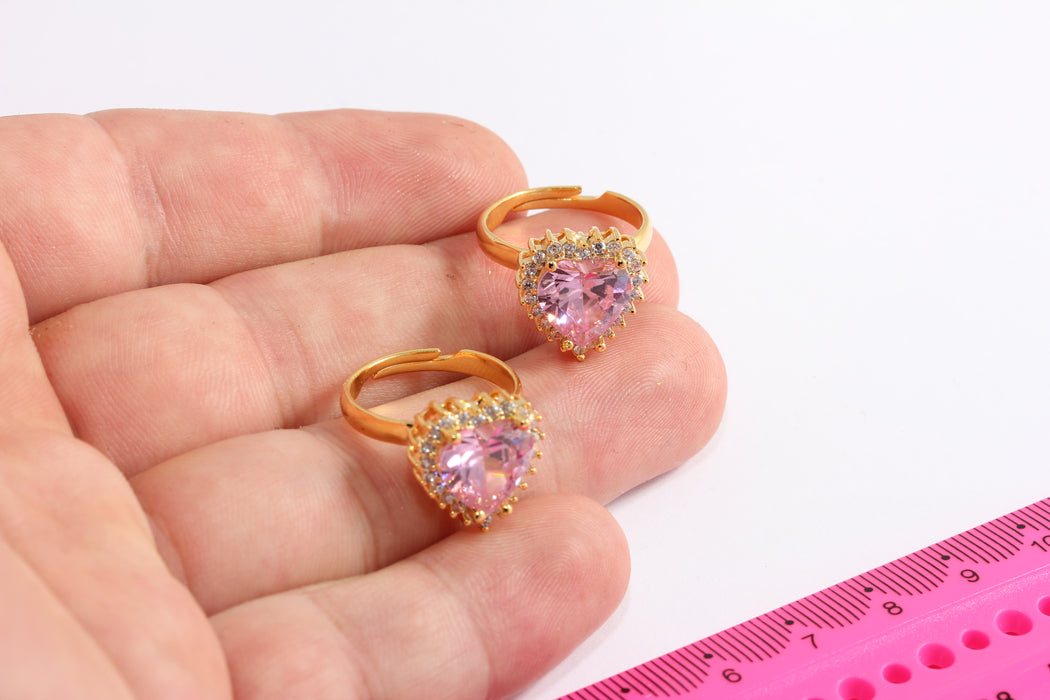 17x18mm 24k Shiny Gold CZ Heart Ring, Micro Pave Heart Rings, Stacking Heart Rings, Big Stone Ring, FRB134-1