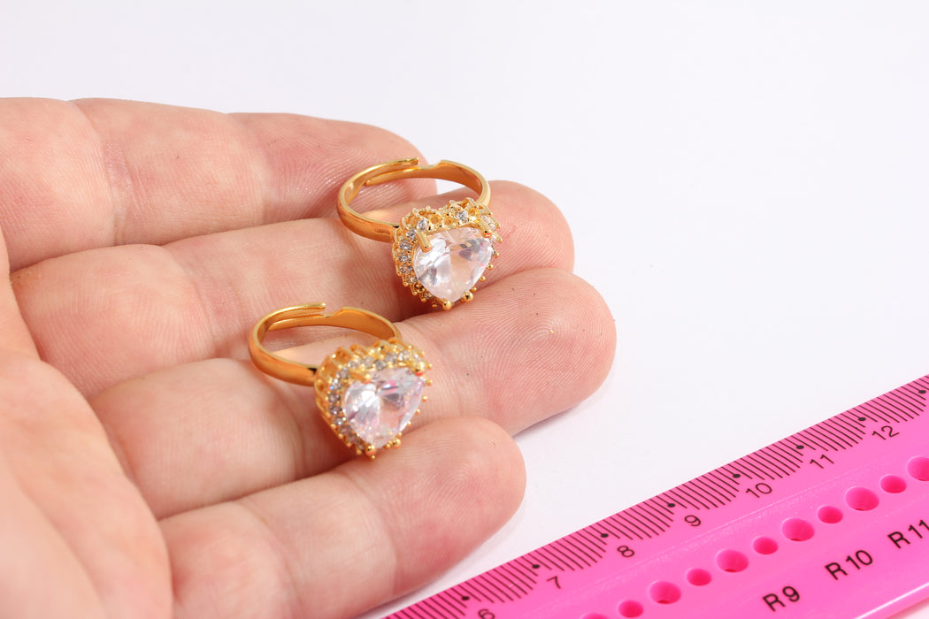 17x18mm 24k Shiny Gold CZ Heart Ring, Micro Pave Heart Rings, White Stone Rings, Stacking Heart Rings, Big Stone Ring, FRB133-1