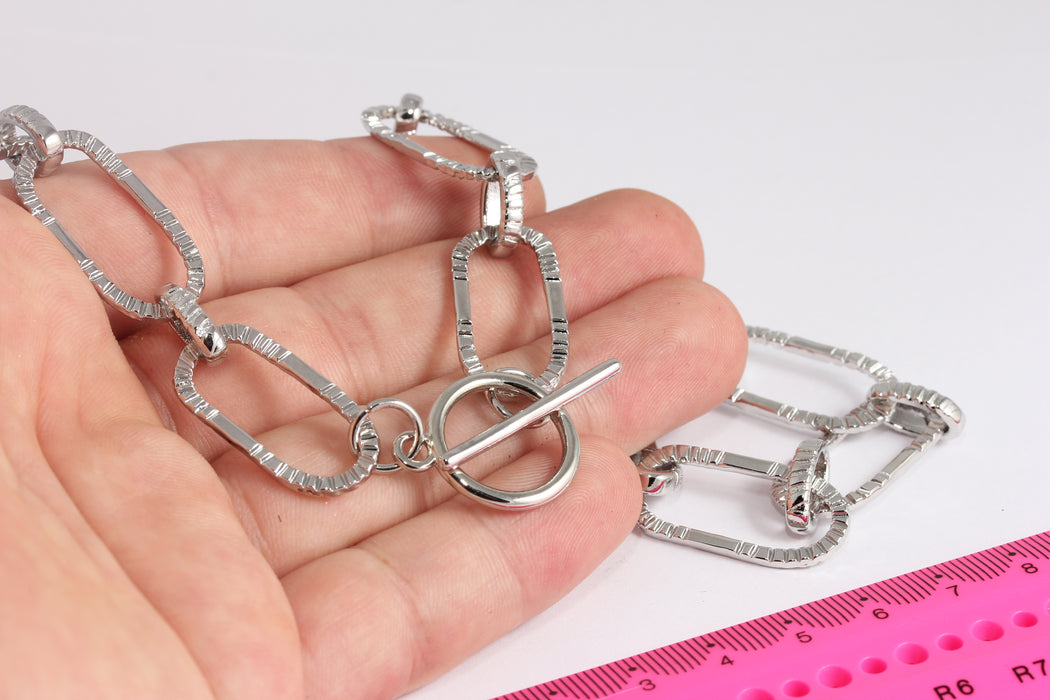 18'' Rhodium Plated Link Chain Necklace, Toggle Necklace, Oval Chain, Adjustable Silver Necklace, Dainty Necklace BXB424-3