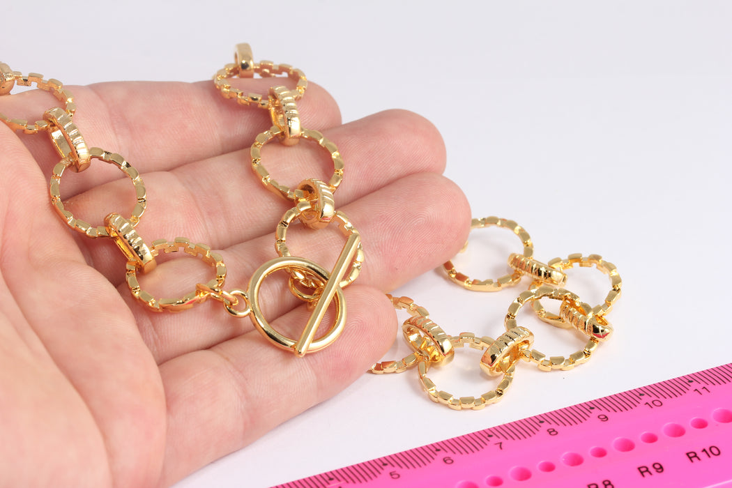 18'' 24k Shiny Gold Link Chain Necklace, Toggle Necklace, Adjustable Gold Necklace, Dainty Necklace, Square Ring Chain, BXB424-6