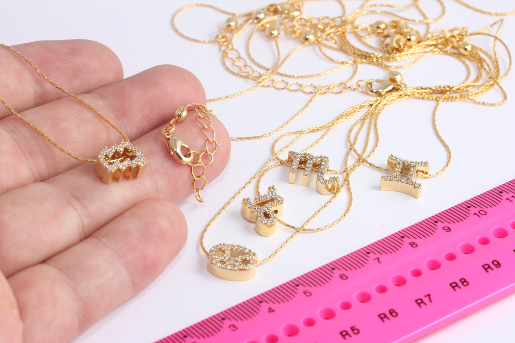 Collana con oroscopo e zirconi cubici in oro lucido 24k da 17'', collana con segno zodiacale in zirconi cubici, collana delicata, ciondoli con oroscopo, mini ciondoli con segno zodiacale, BXB425-3