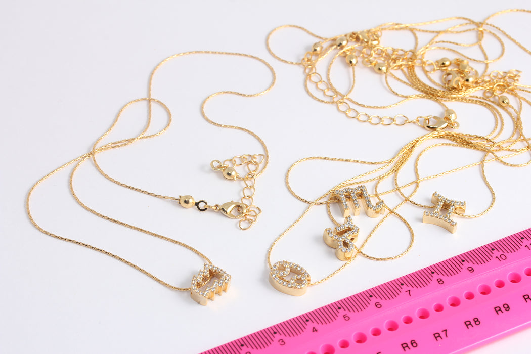 Collana con oroscopo e zirconi cubici in oro lucido 24k da 17'', collana con segno zodiacale in zirconi cubici, collana delicata, ciondoli con oroscopo, mini ciondoli con segno zodiacale, BXB425-3